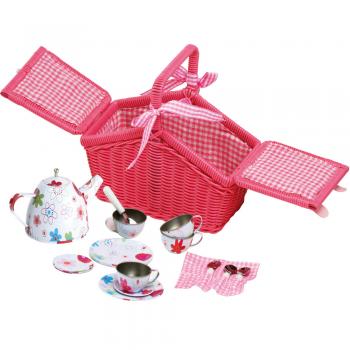 Picknickkorb, Teeservice aus Metall, Teeservice mit Blumenmuster, Rattankorb pink,