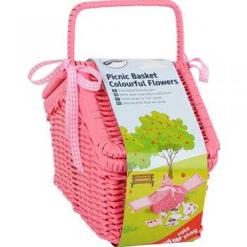 Picknickkorb, Teeservice aus Metall, Teeservice mit Blumenmuster, Rattankorb pink,