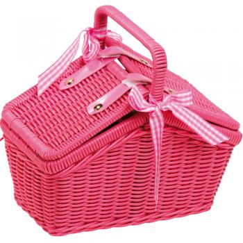 Picknickkorb, Teeservice aus Metall, Teeservice mit Blumenmuster, Rattankorb pink,